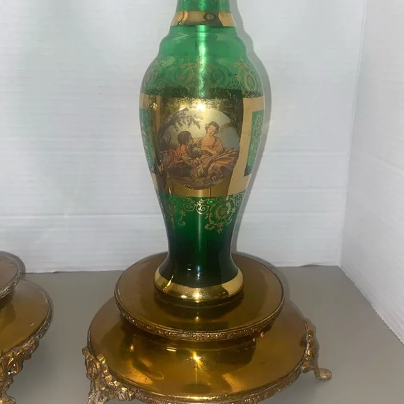 Pair of Antique Bohemian Glass Emerald Green Lamps